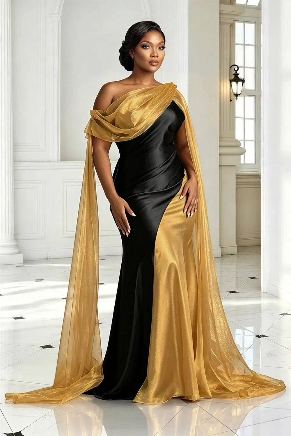Organza Gold Oblique Collar Draped Contrast Satin Maxi Dresses [Pre-Order]