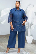 Xpluswear Design Plus Size Business Casual Lace Blue Shirt Collar 3/4 Sleeve Contrast Wide Leg Tencel Denim Two Piece Pant Sets