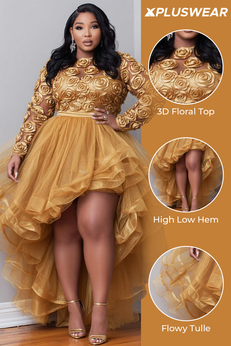 Party Gold Round Neck Long Sleeve 3D Elegant High Low Hem Tulle Mini Dresses