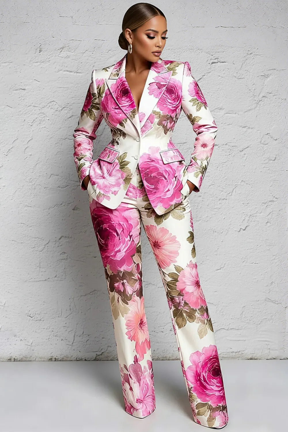 Pink Floral Lapel Collar Long Sleeve Pocket Two Piece Pant Suits