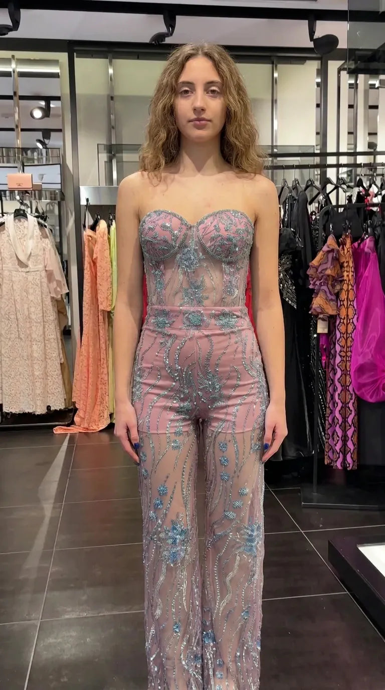 Strapless Sweetheart Sequin Mesh Evening Jumpsuit with Molded Corset Bodice