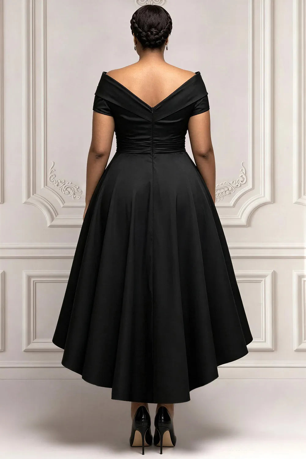 Black Wrap Neck Short Sleeve Asymmetric Hem Irregular Hem Pearls Satin Midi Dresses