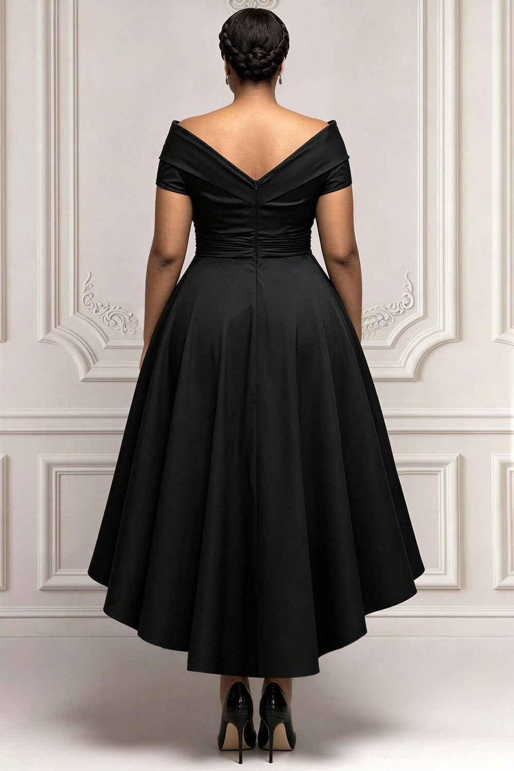 Black Wrap Neck Short Sleeve Asymmetric Hem Irregular Hem Pearls Satin Midi Dresses