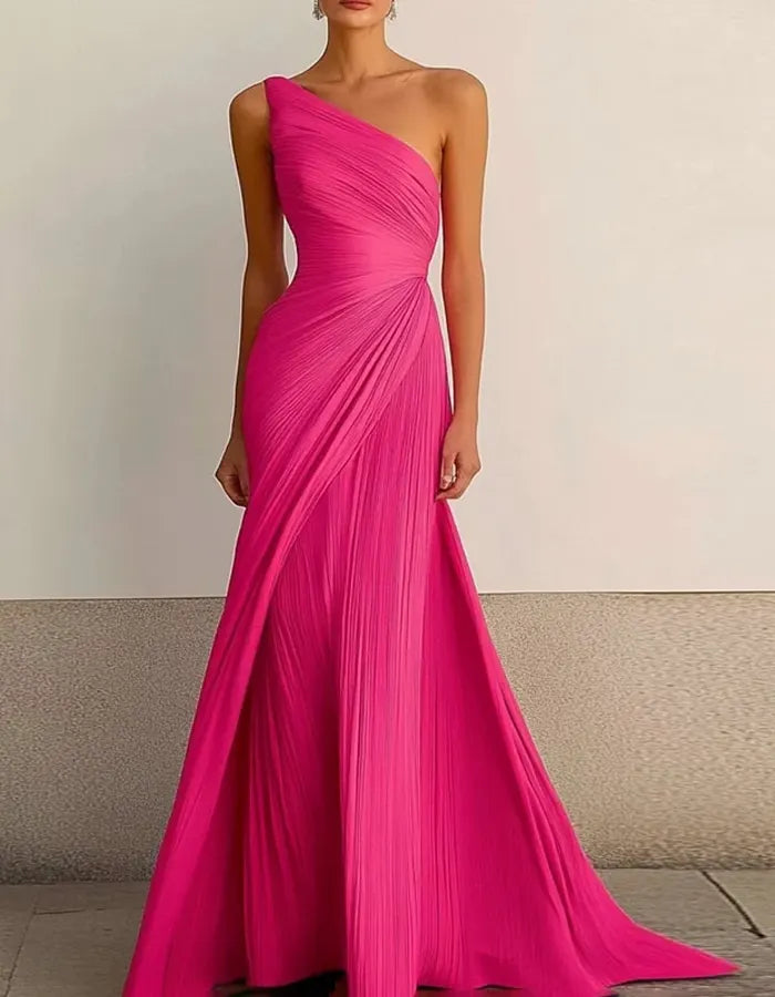 One Shoulder Pleated Solid Color Maxi Dress
