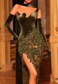 Olive Green Velvet Floral Appliqué Maxi Dress