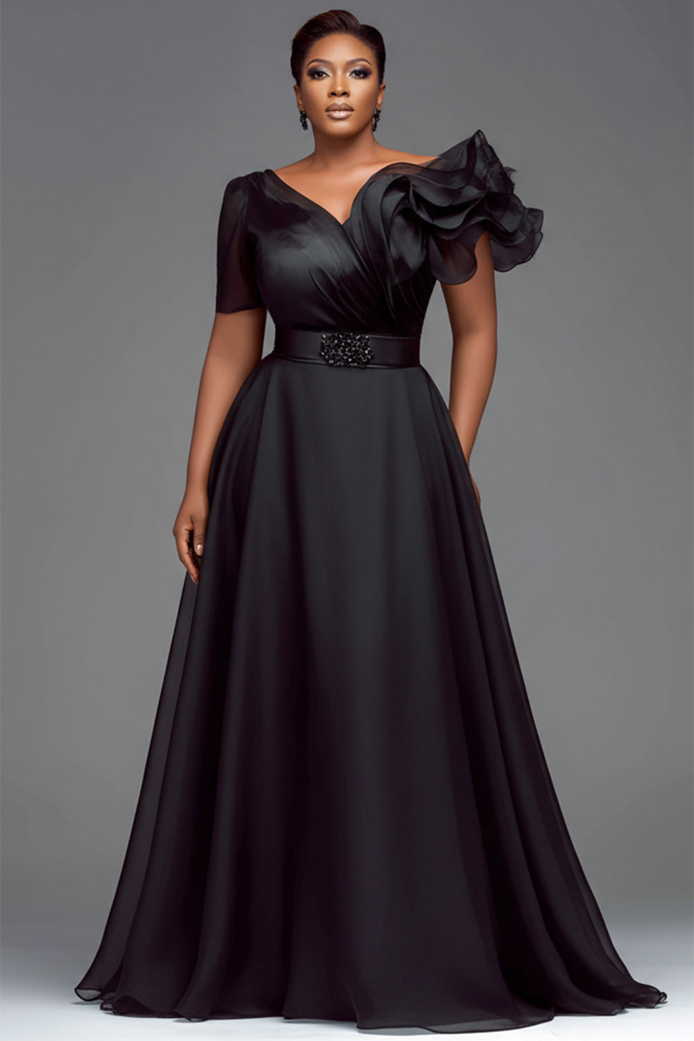Organza Black V Neck Short Sleeve Ruffle Chiffon Maxi Dresses