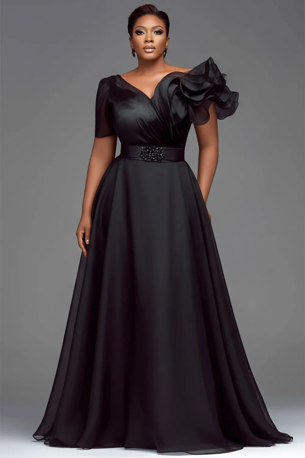 Organza Black V Neck Short Sleeve Ruffle Chiffon Maxi Dresses