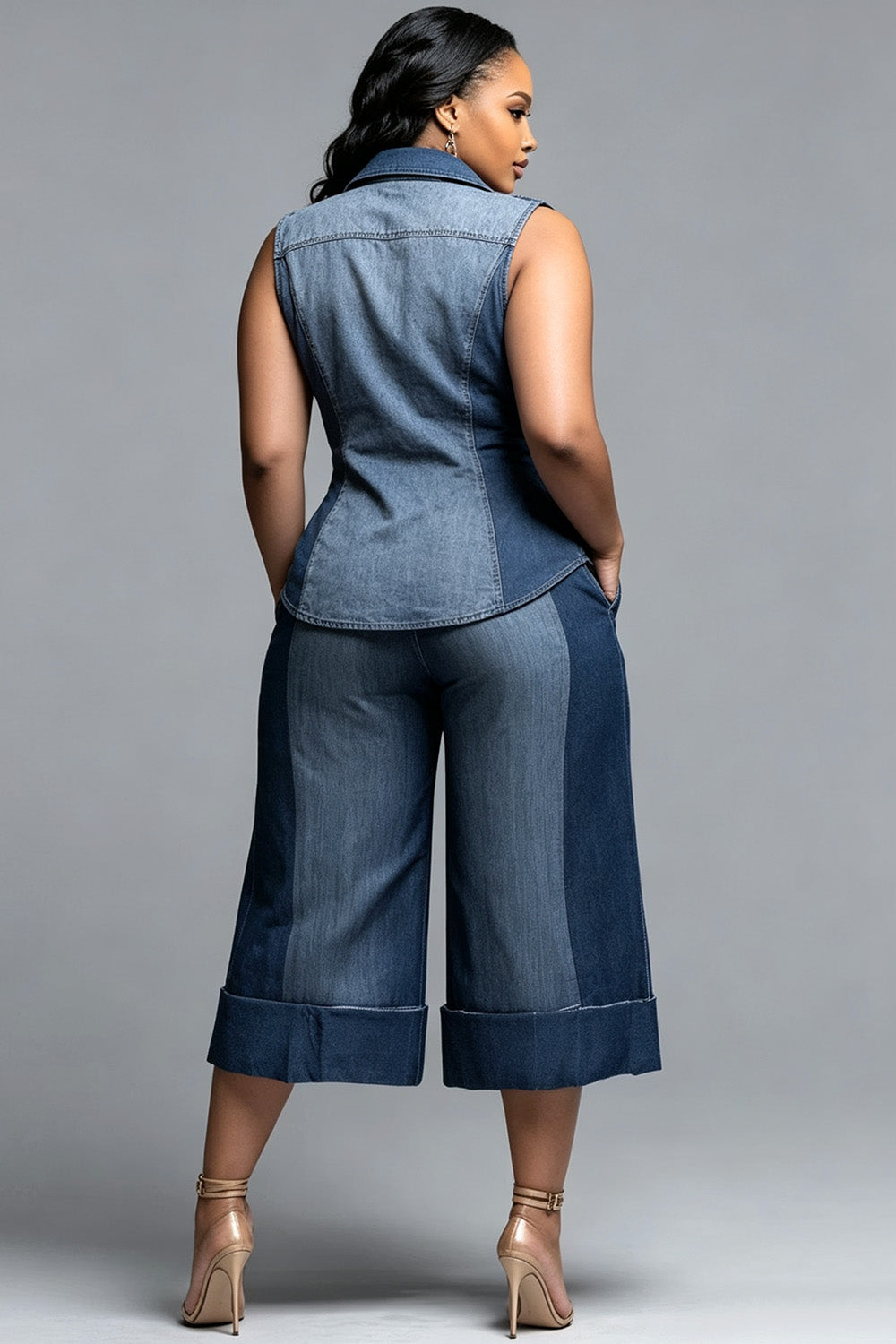 Xpluswear Design Plus Size Business Casual Blue Shirt Collar Sequin Pocket Tencel Denim Two Piece Pant Sets