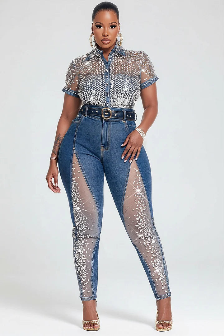 Xpluswear Design Plus Size Party Tulle Blue Drilling See Through Denim Jeans