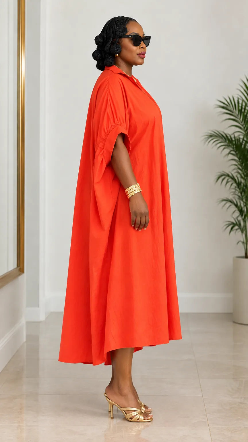 Women's Oversized Lapel Collar Kaftan Shirt Dress Ruched Sleeve Midi Dress
