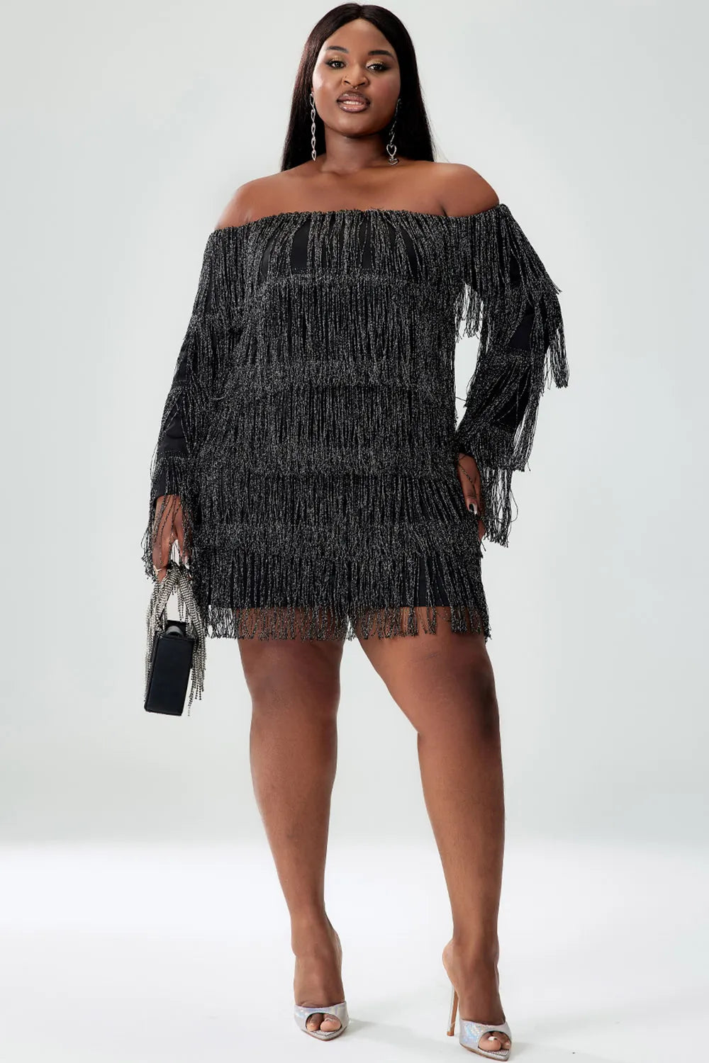 Party Black Off The Shoulder Fringe Mini Dress