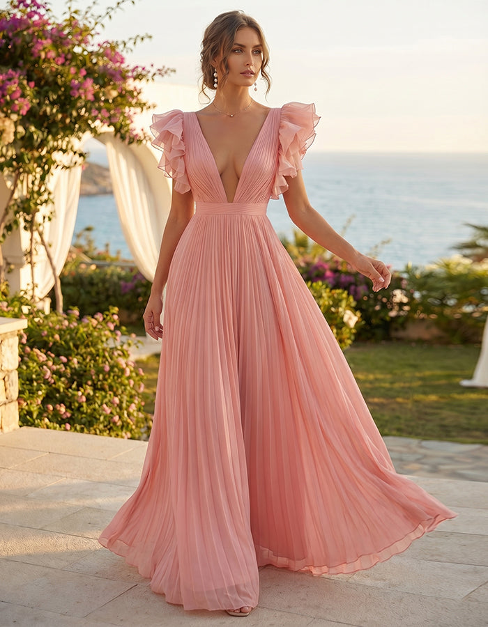 Pink Deep V-Neck Flutter Sleeve Pleated Chiffon Maxi Dress