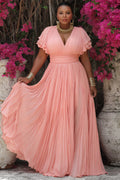Pink Wrap Neck Short Sleeve Ruffle Pleated Maxi Dresses