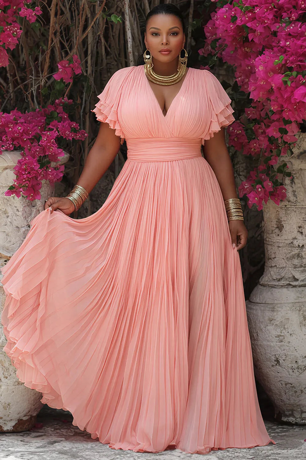 Pink Wrap Neck Short Sleeve Ruffle Pleated Maxi Dresses