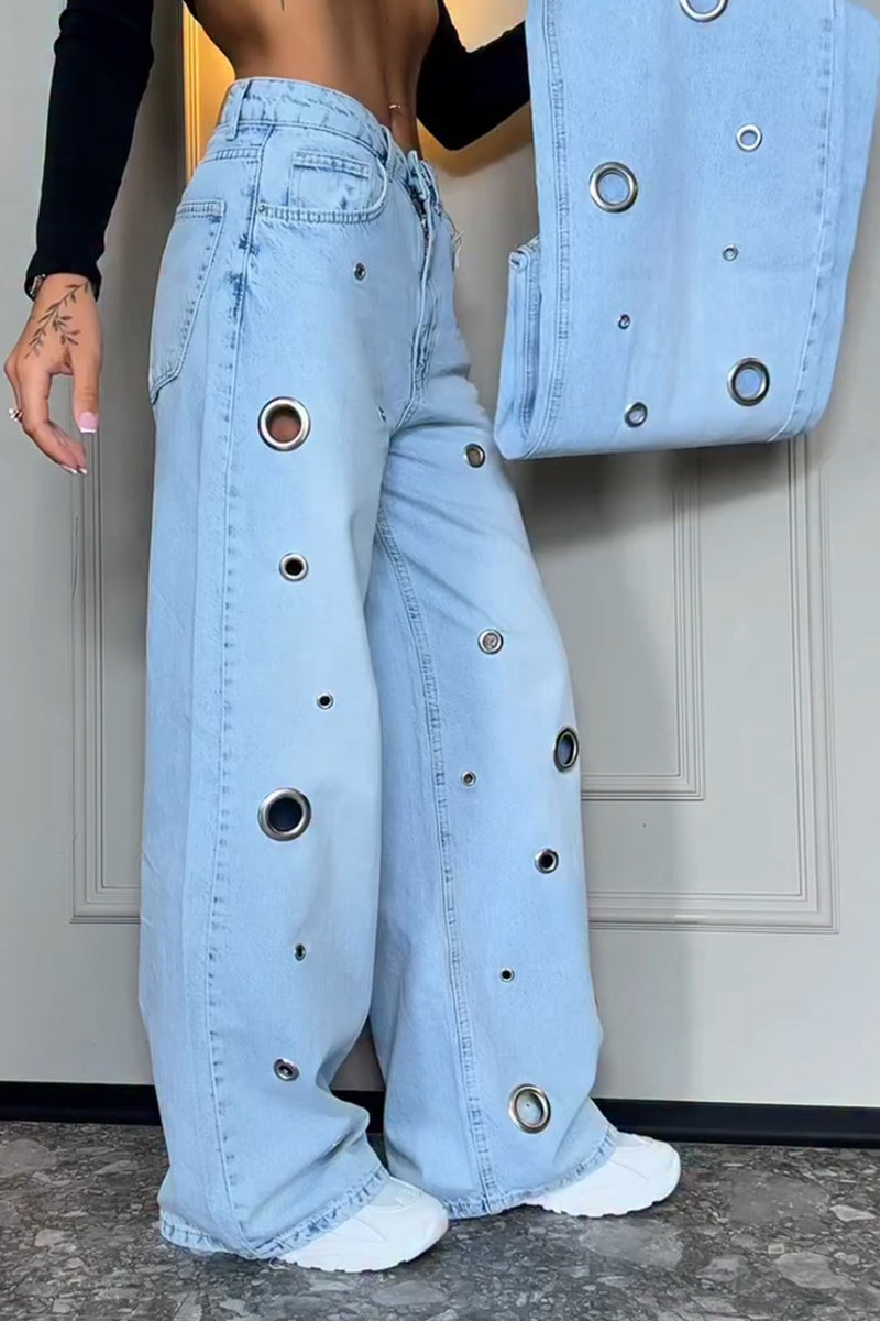 Women's Fashion Metal Hollow-Out Decoration Wide Leg Jeans