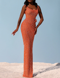 Orange Sequin Cowl Neck Ruched Maxi Dress