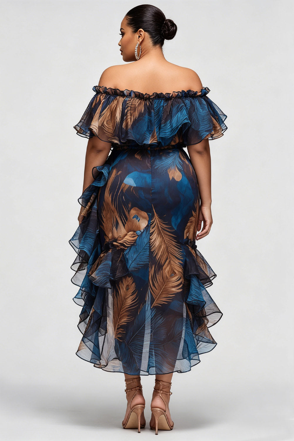 Cocktail Party Blue Graphic Off The Shoulder Ruffle Tiered Chiffon Midi Dresses