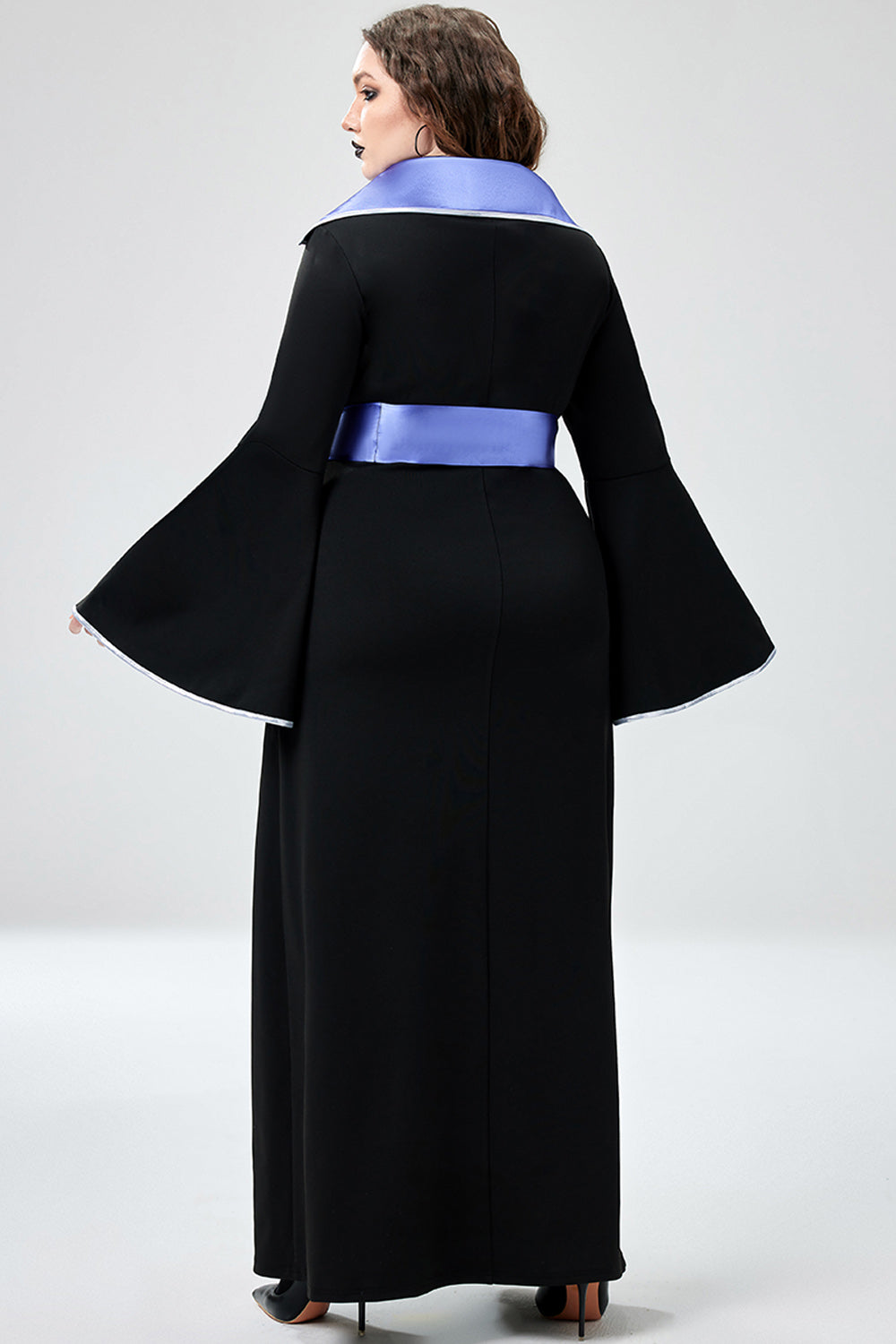 Halloween Costume Black Witches Cosplay Trumpet Sleeve Knitted Maxi Dress (Without Hat And Cane)(Ships 24h)