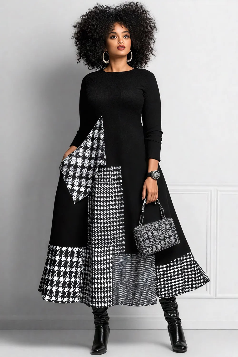 Daily Black Houndstooth Round Neck Long Sleeve Pocket Elegant Maxi Dresses
