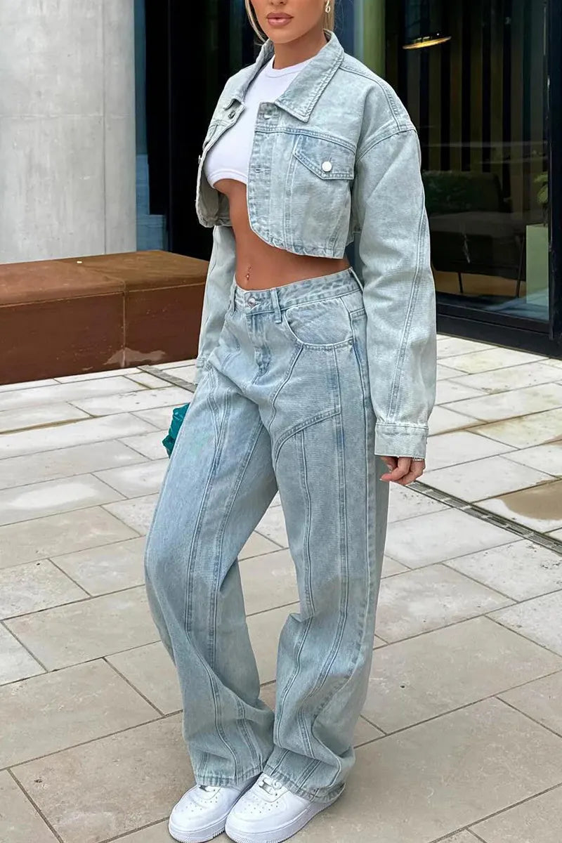 Women's Best-Selling Casual Cropped Denim Jacket＆ Wide Leg Jeans
