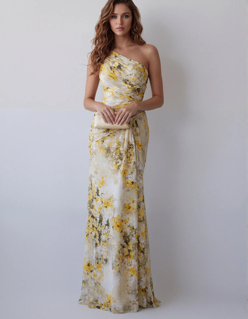 Yellow Watercolor Floral One Shoulder Chiffon Fishtail Maxi Dress