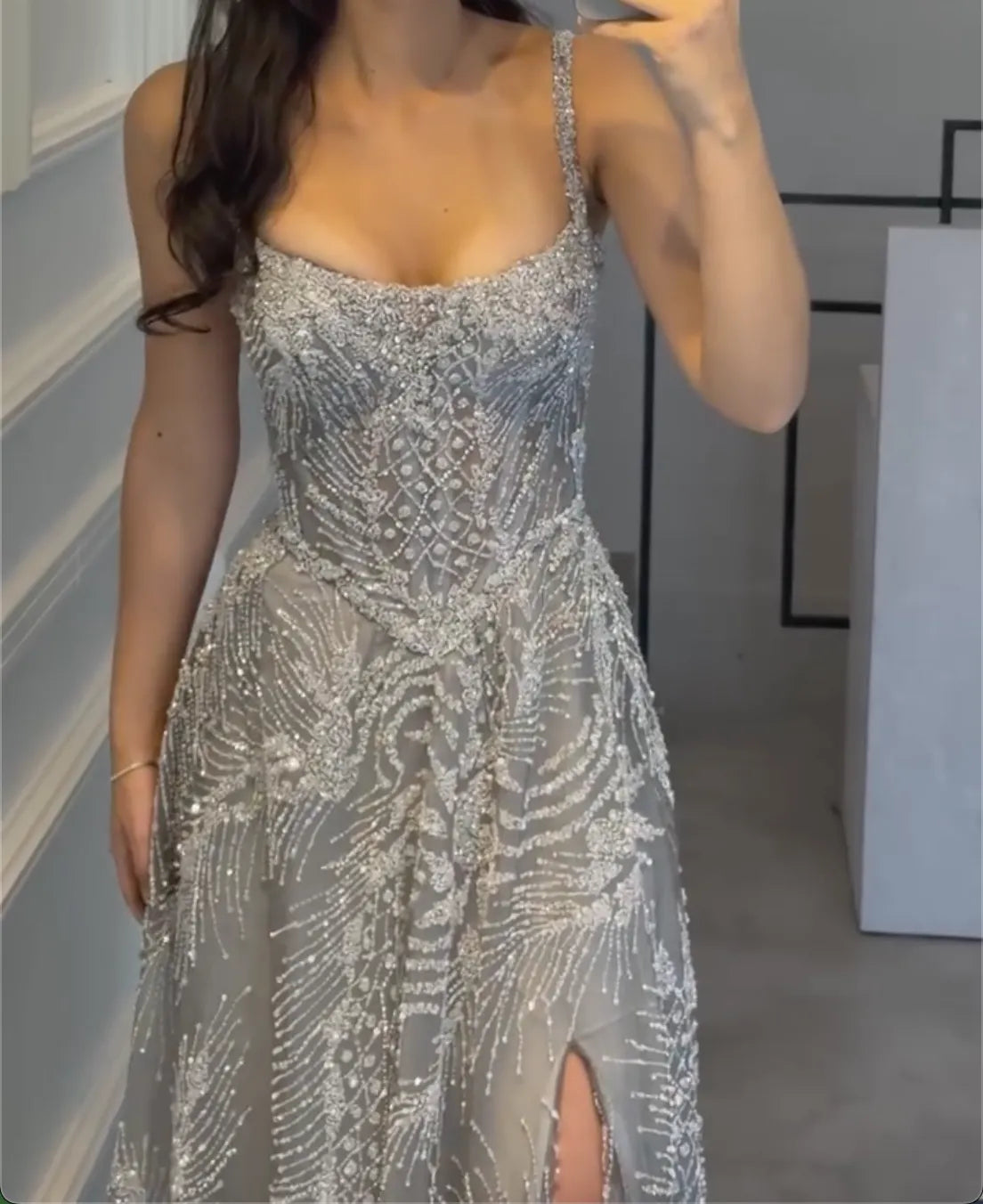 Multi-Color Floral Crystal Beaded Spaghetti Strap High Split Tulle Maxi Evening Dress, Formal Prom Pageant Gown