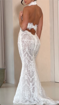 White Lace Mermaid Wedding Dress, High Neck Halter Corset Bridal Gown with Open Back, Sheer Floral Lace Train for Bride