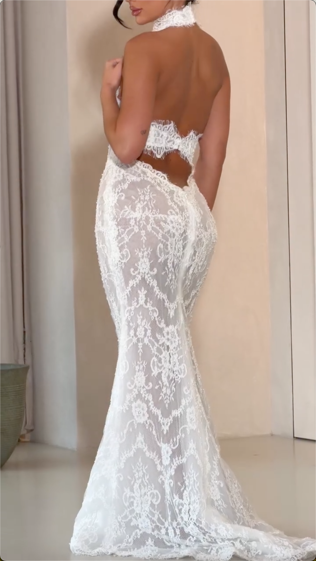 White Lace Mermaid Wedding Dress, High Neck Halter Corset Bridal Gown with Open Back, Sheer Floral Lace Train for Bride