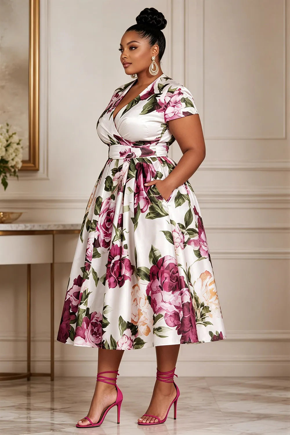 Wedding Guest Elegant Pink Floral Wrap Neck Short Sleeve Pocket Satin Midi Dresses [Pre-Order]