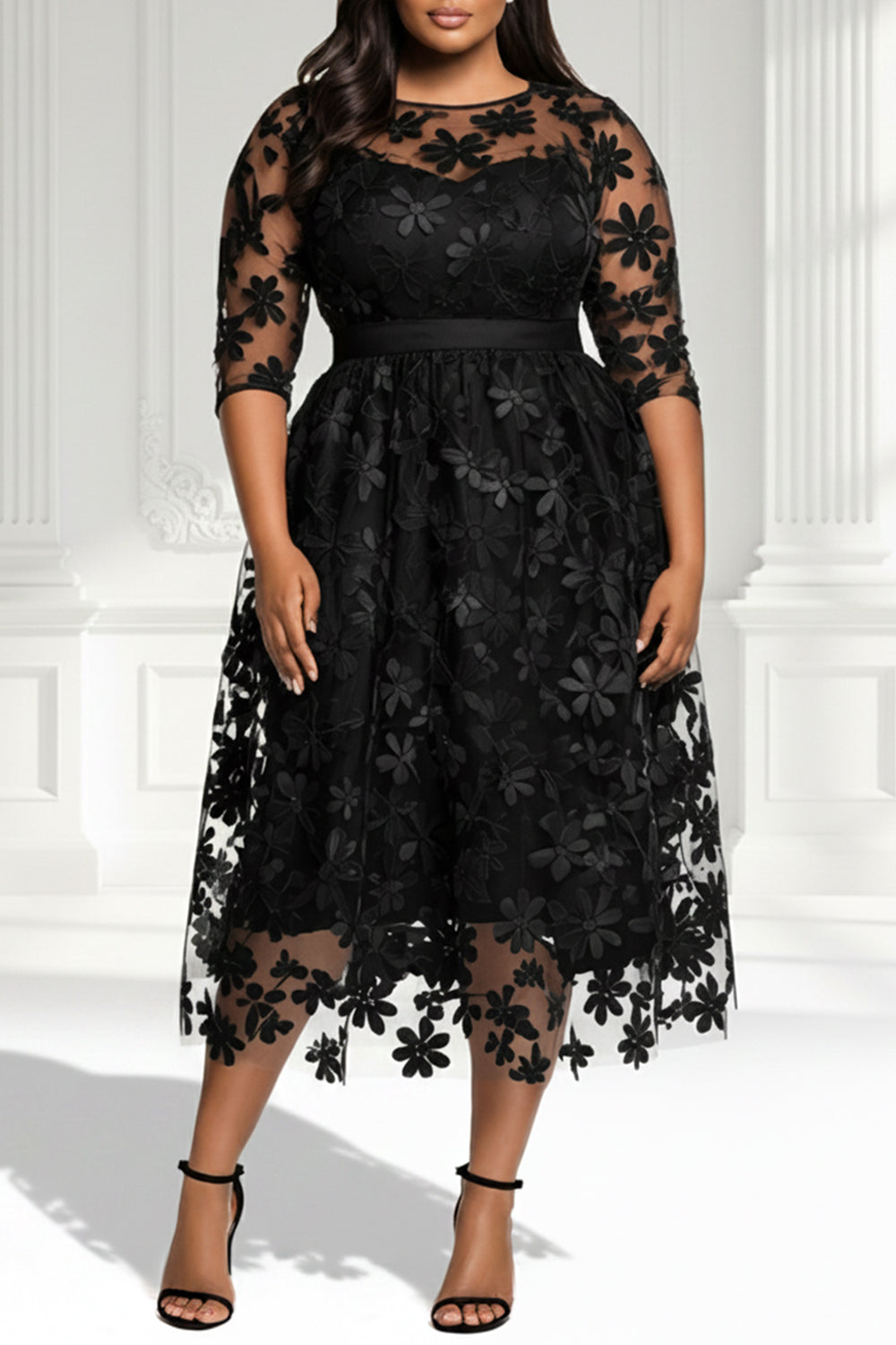 Cocktail Party Elegant Black Round Neck Half Sleeve See Through Tulle Midi Dresses
