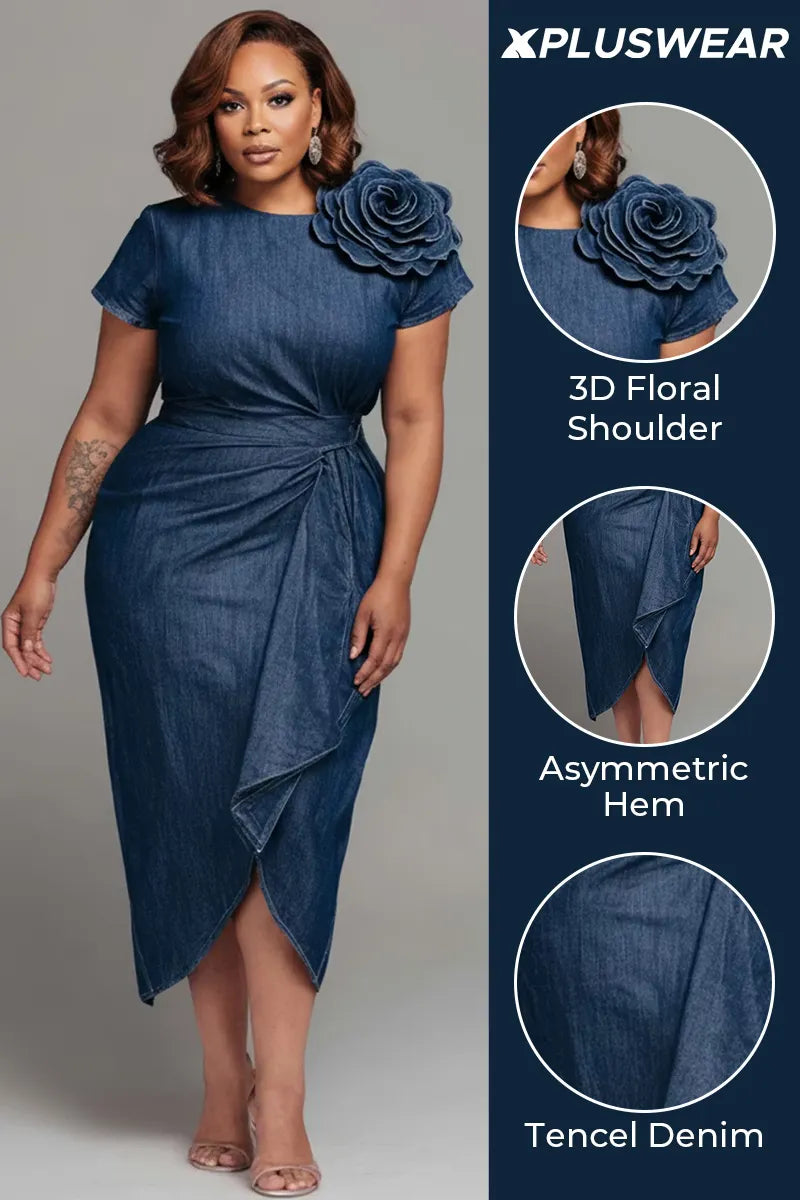 Xpluswear Design Plus Size Business Casual Blue Round Neck Short Sleeve 3D Fold Tencel Denim Midi Dresses