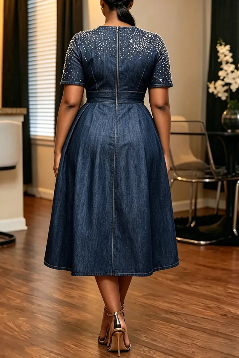 Women's Elegant Rhinestone Short Sleeve Waist-Defined Denim Dress