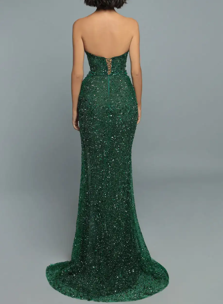 Emerald Green Sequin Strapless Maxi Dress with High Slit & Train