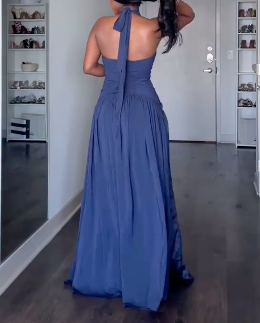 Navy Blue Halter Neck Deep V Ruched Waist High Slit Flowy Chiffon Maxi Formal Evening Prom Gala Gown