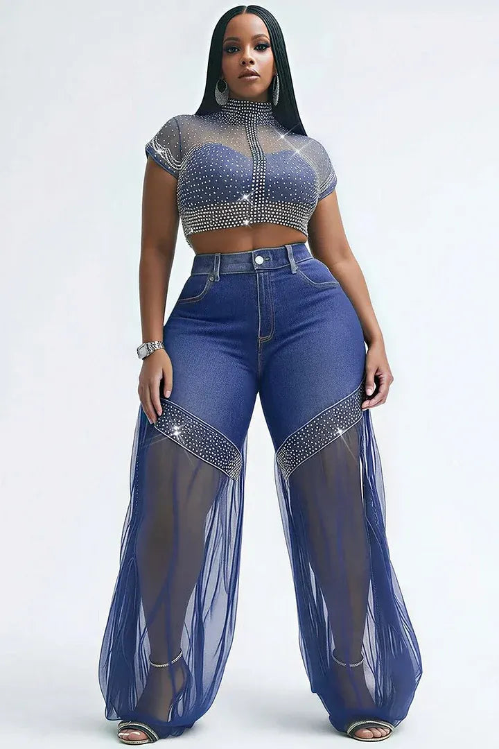 Party Tulle Blue Drilling See Through Denim Jeans