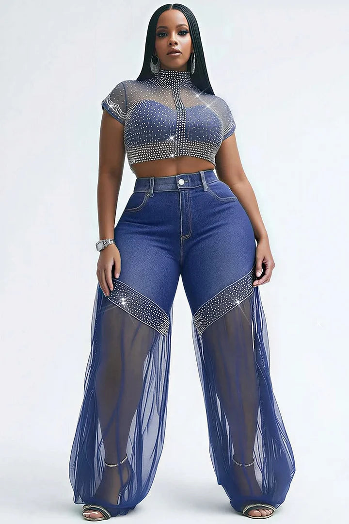 Xpluswear Design Plus Size Party Tulle Blue Drilling See Through Denim Jeans