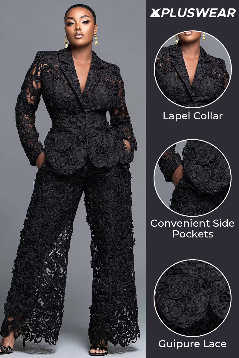 Black Lapel Collar Long Sleeve Cut Out Pocket Guipure Lace Two Piece Pant Suits