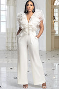 White V Neck Flutter Sleeve Ruffle Pocket Tulle Jumpsuits