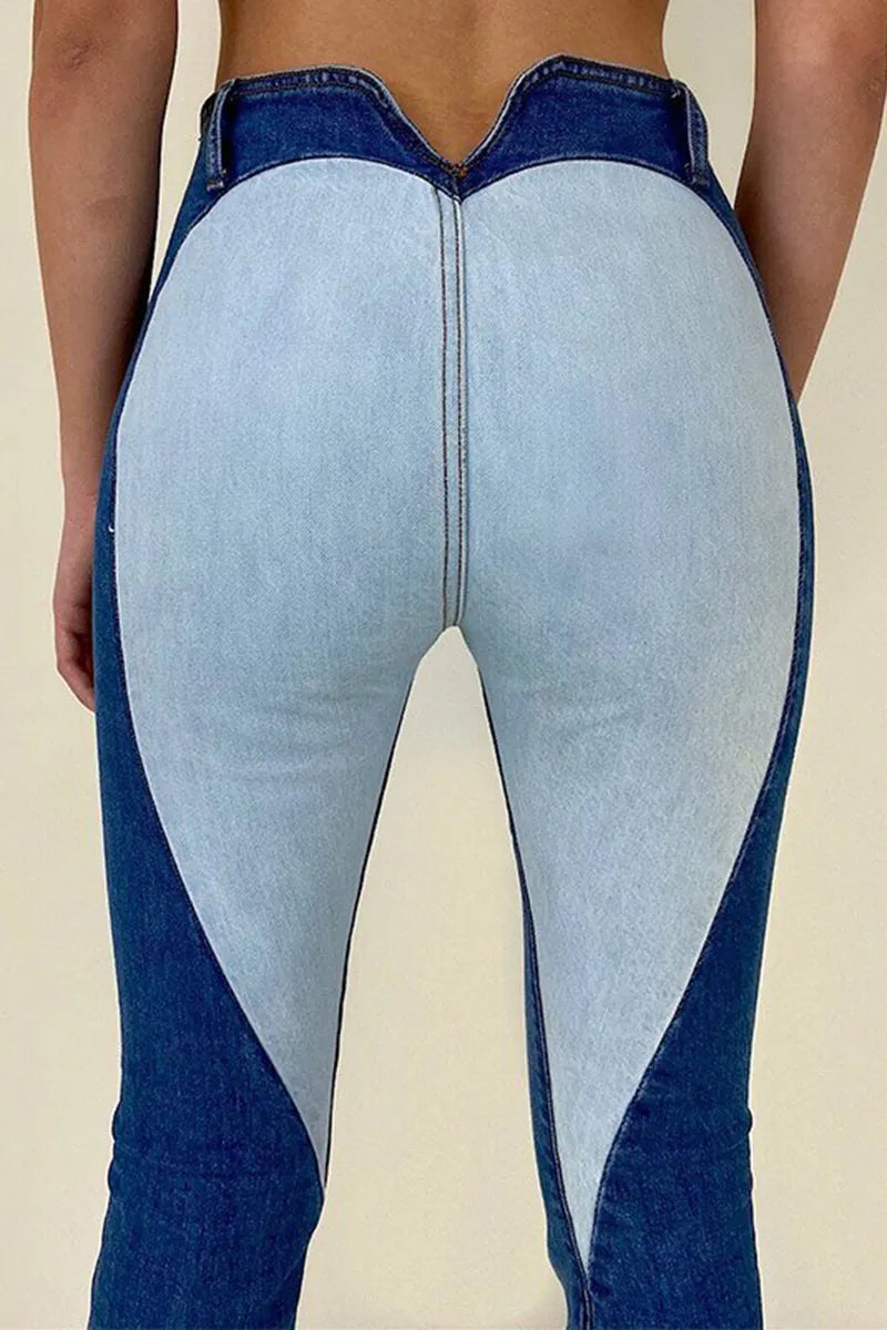 Women's Casual Heart Color Block High Waist Flare Jeans