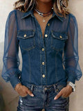 Women's Casual Denim Patchwork Chiffon See Through Button Pocket Long Sleeve Blouse