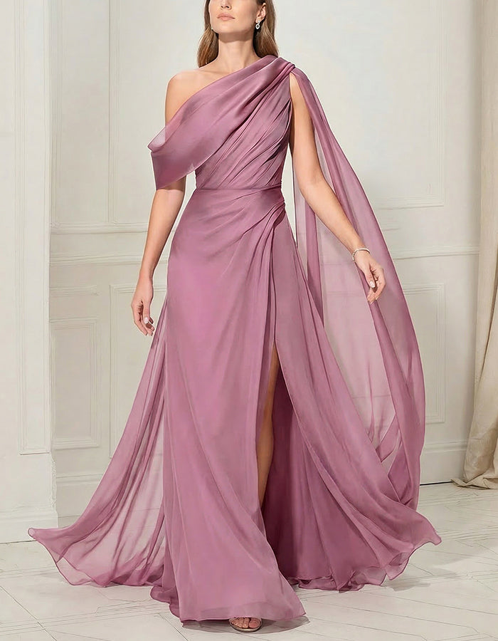 Pink Chiffon One Shoulder Ribbon Slit Maxi Dress