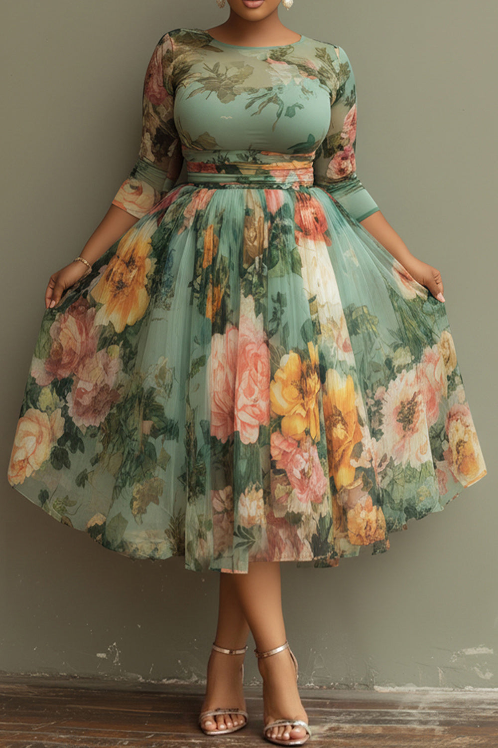 Vacation Sage Green Floral Round Neck 3/4 Sleeve See Through Tulle Midi Dresses