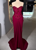 Burgundy Strapless Maxi Dress with Floral Bead Embroidery & Draped Skirt