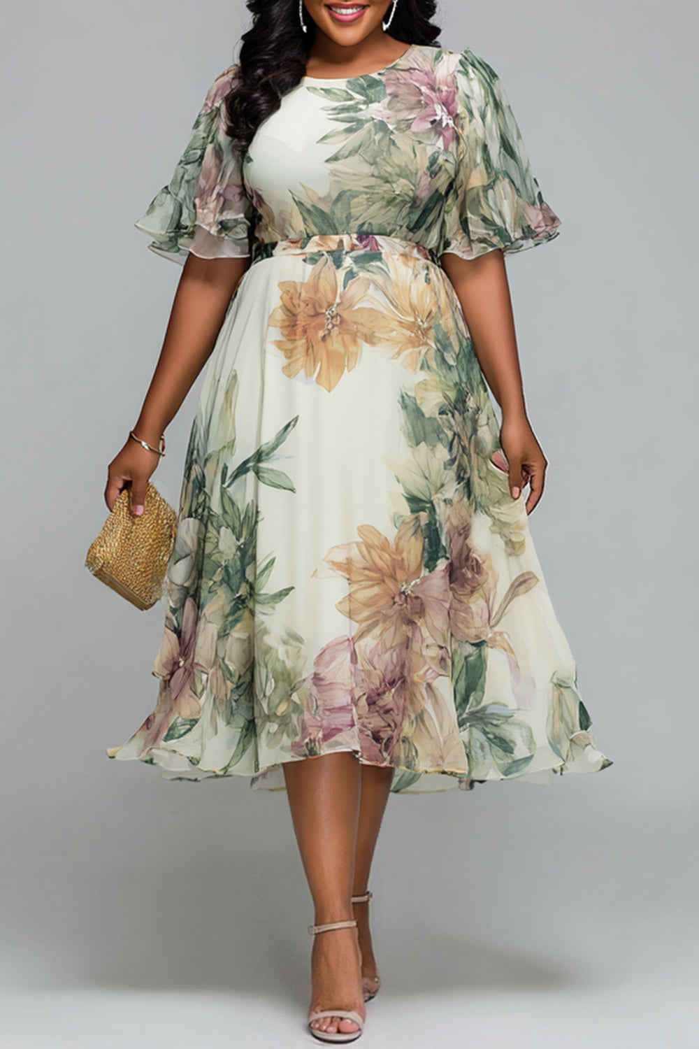 Cocktail Party Sage Green Floral Round Neck Short Sleeve Chiffon Midi Dresses