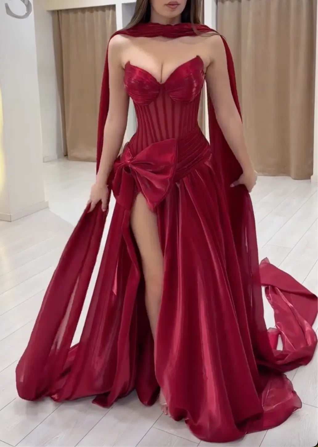 Red Strapless Sweetheart Satin Maxi Evening Gown - Corset Bodice with Bow & Cape Detail