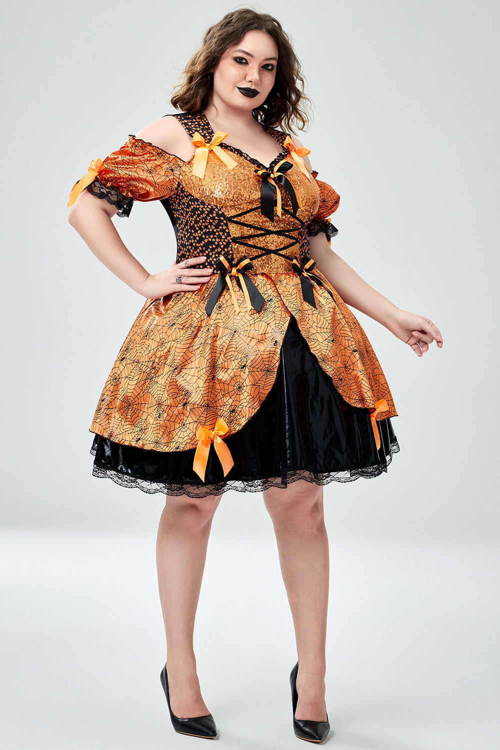 Halloween Costume Orange Witch Cold Shoulder Mini Dress (With Hat)(Ships 24h)