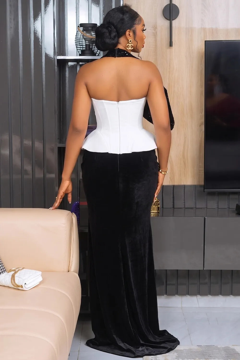 Halter Neck Corset Top High Slit Maxi Skirt Gowns 2pcs Set-Black [Pre Order]