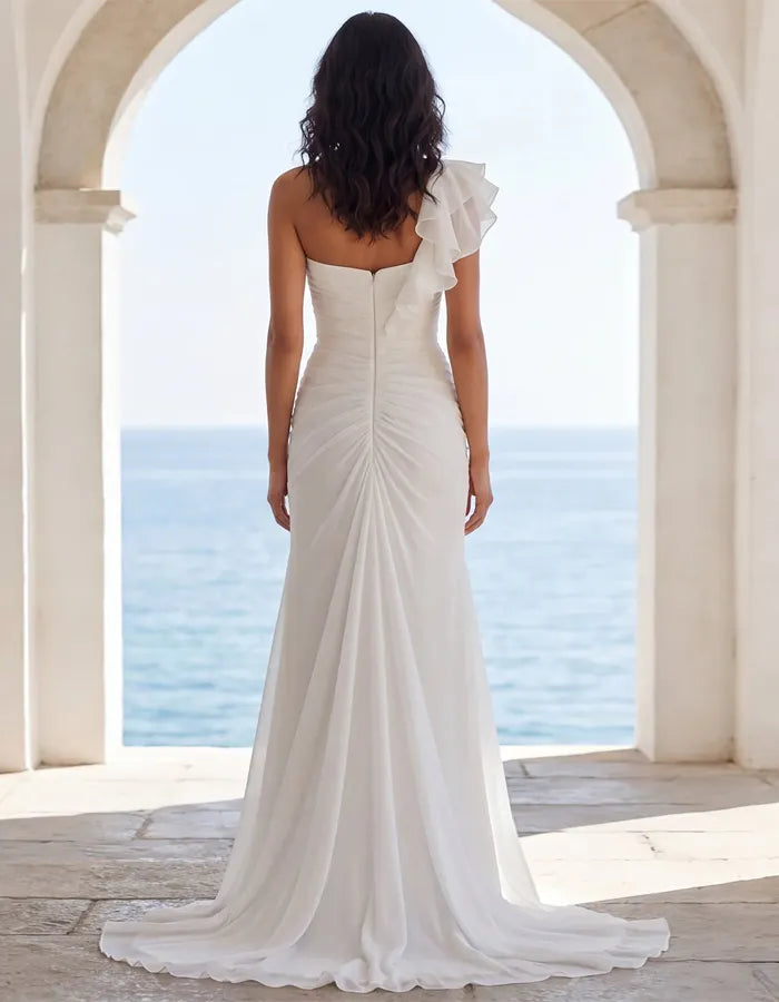 Solid Color Chiffon One Shoulder Ruffle Maxi Dress