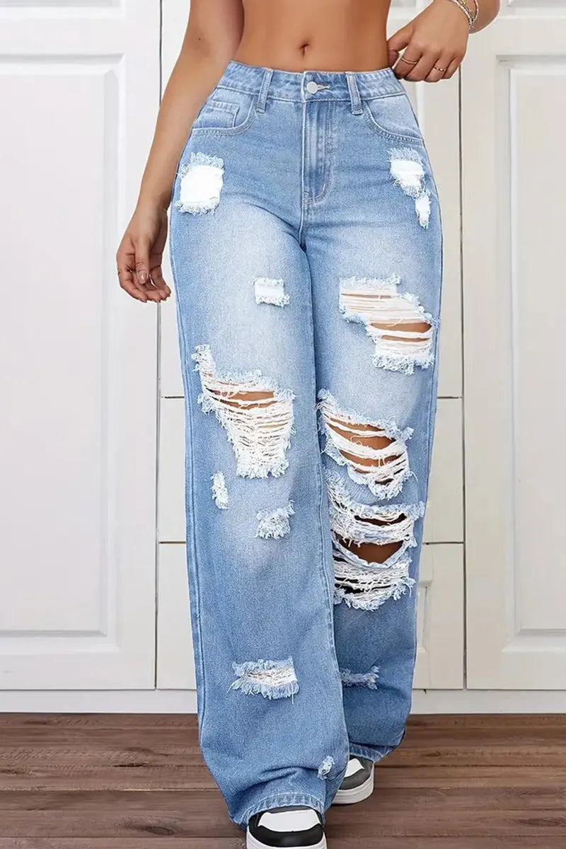 Women's Versatile Washed High-Waisted Loose Jeans