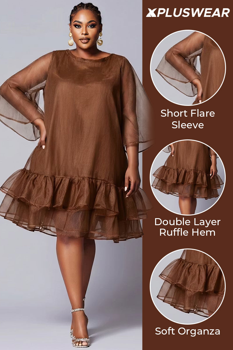 Party Elegant Brown Round Neck Flare Short Sleeve Ruffle Organza Midi Dresses